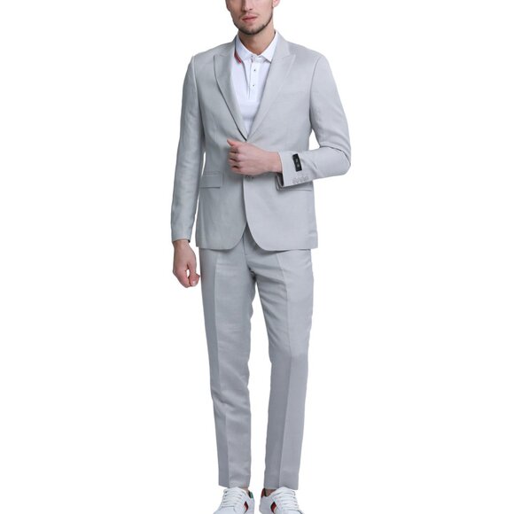 Light Grey Linen 2 Piece Peak Lapel Skinny Fit Men's Suit